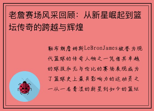 老詹赛场风采回顾：从新星崛起到篮坛传奇的跨越与辉煌